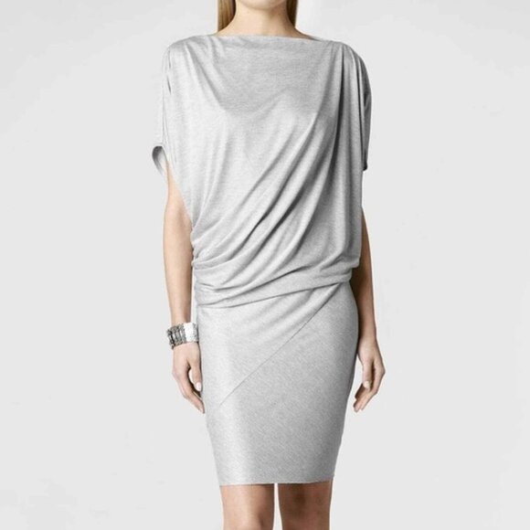 Allsaints Midi Draped PIA Dress Womens Size 4 Gray Knit Asymmetrical Ruched - Picture 1 of 6